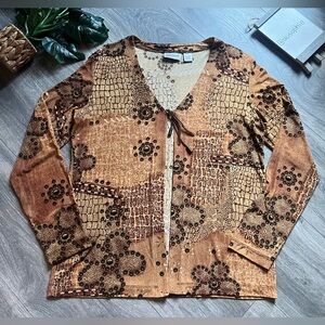 Chico's Travelers Bohemian Neutral Floral & Animal Print Tie Front Cardigan Sz 8